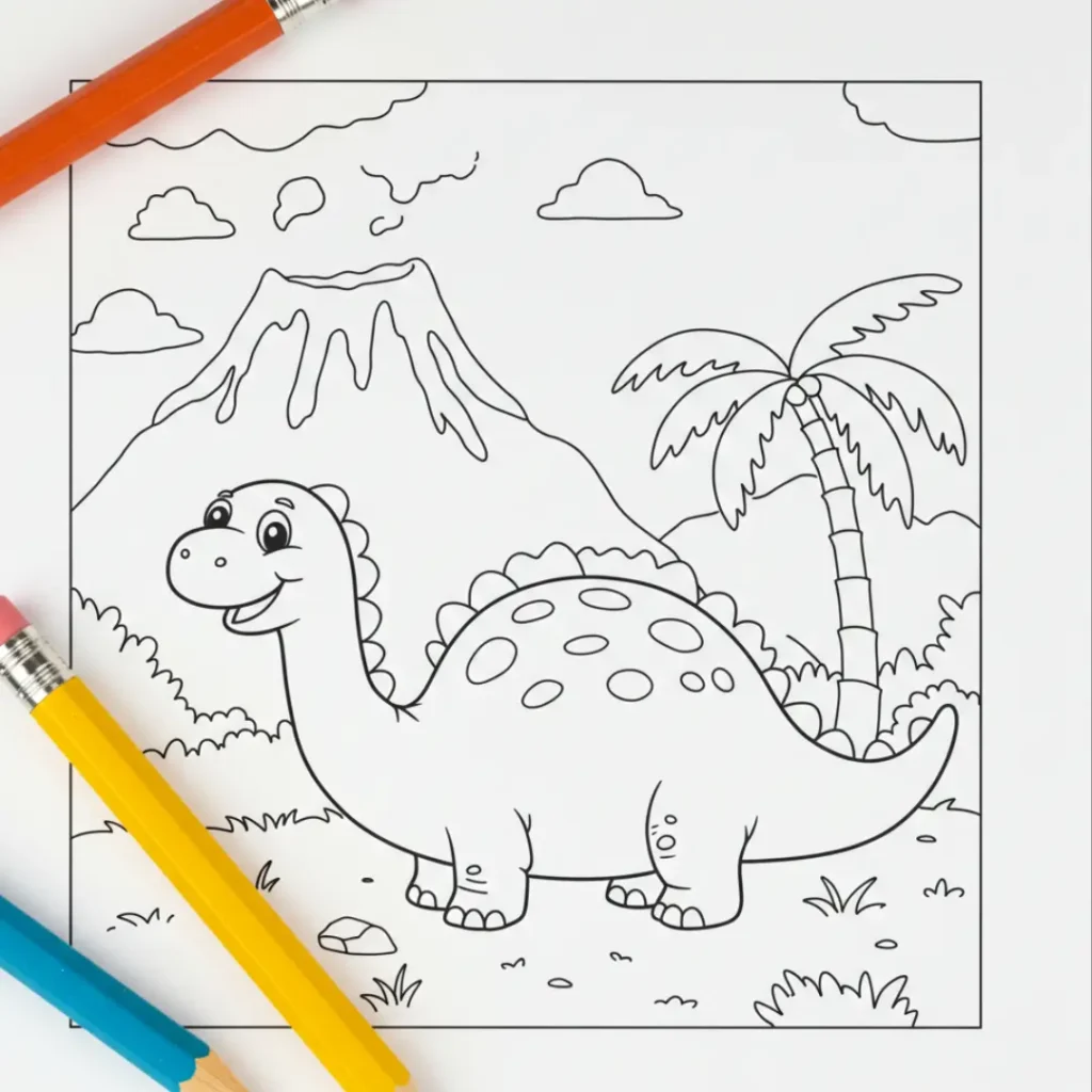 Cute cartoon dinosaur coloring page with volcano and palm tree background, yellow and blue pencils on the side