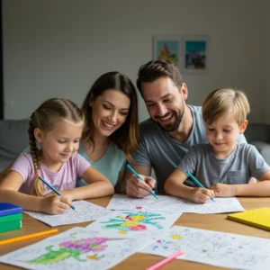 Smiling family of four sitting at a table and coloring printable coloring pages together with colored pencils